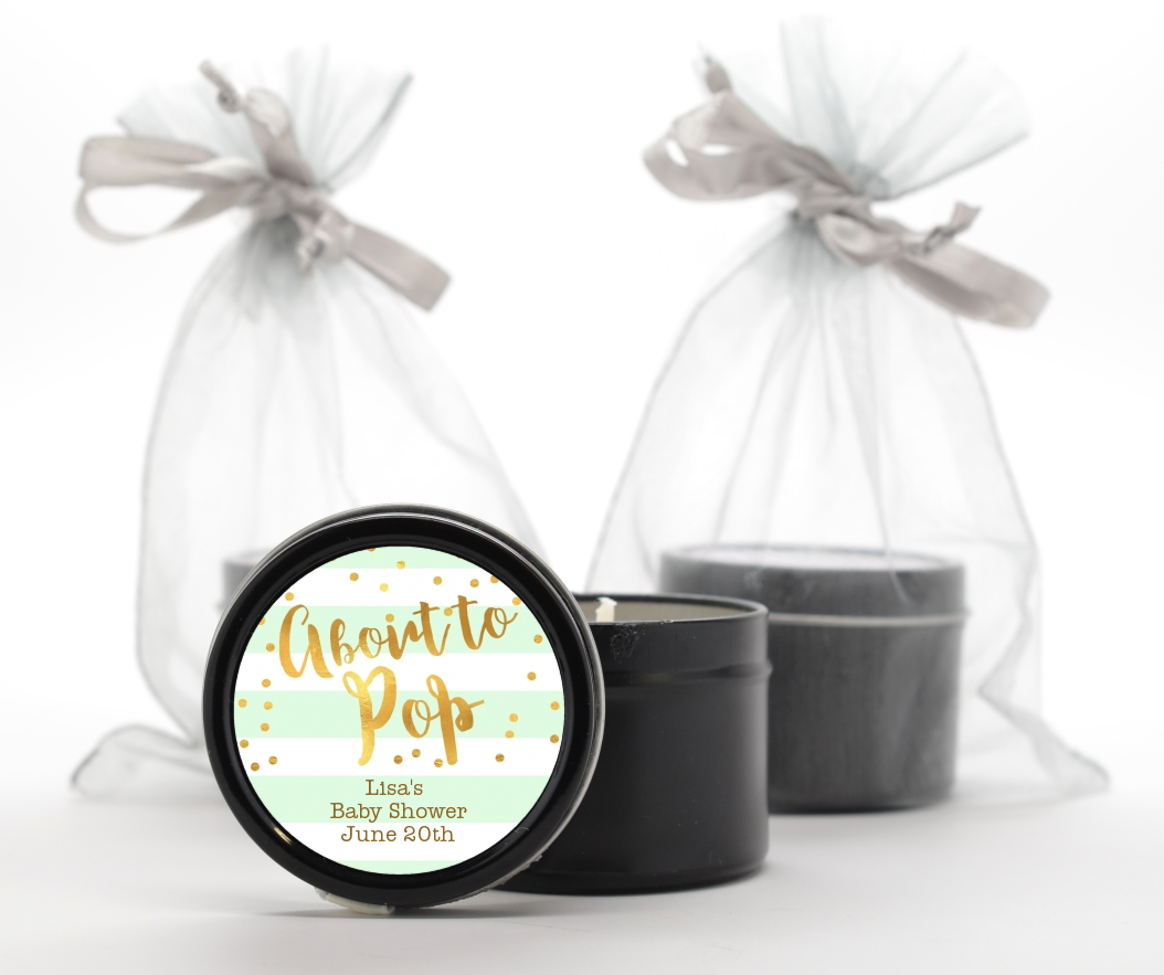  About To Pop Gold - Baby Shower Black Candle Tin Favors Option 1
