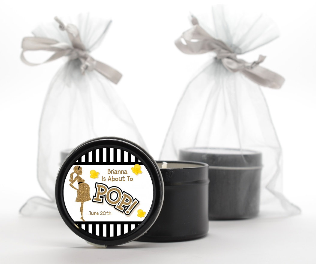  About To Pop Gold Glitter - Baby Shower Black Candle Tin Favors Option 1