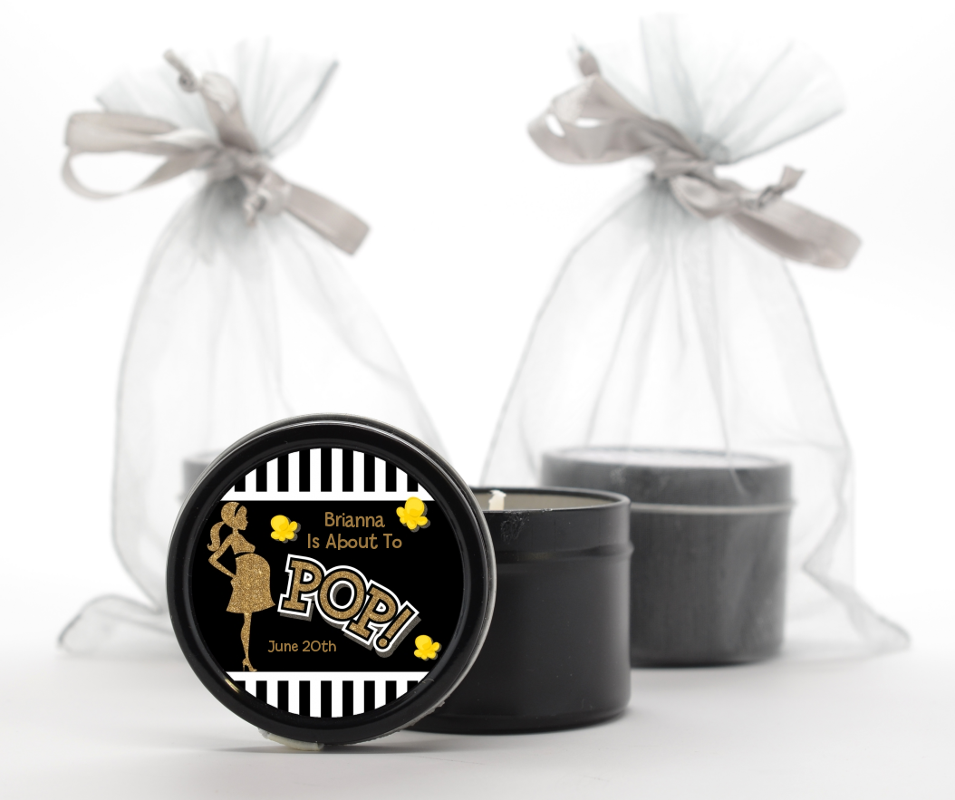  About To Pop Gold Glitter - Baby Shower Black Candle Tin Favors Option 1