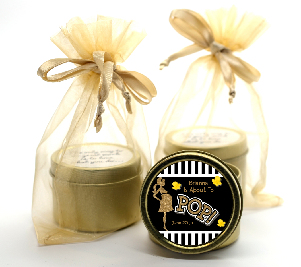  About To Pop Gold Glitter - Baby Shower Gold Tin Candle Favors Option 1