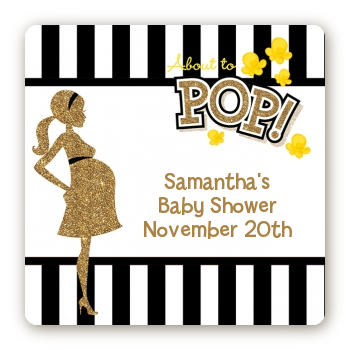  About To Pop Gold Glitter - Square Personalized Baby Shower Sticker Labels Option 1