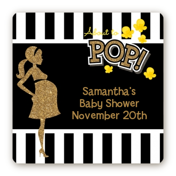  About To Pop Gold Glitter - Square Personalized Baby Shower Sticker Labels Option 1