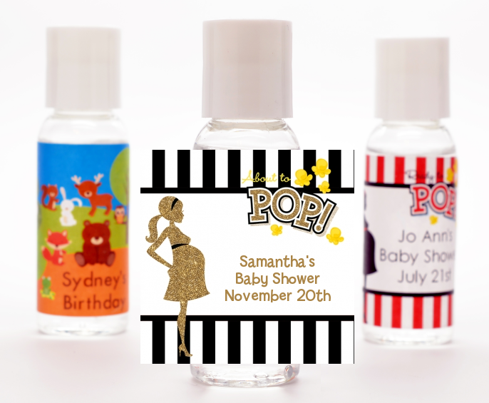  About To Pop Gold Glitter - Personalized Baby Shower Hand Sanitizers Favors Option 1