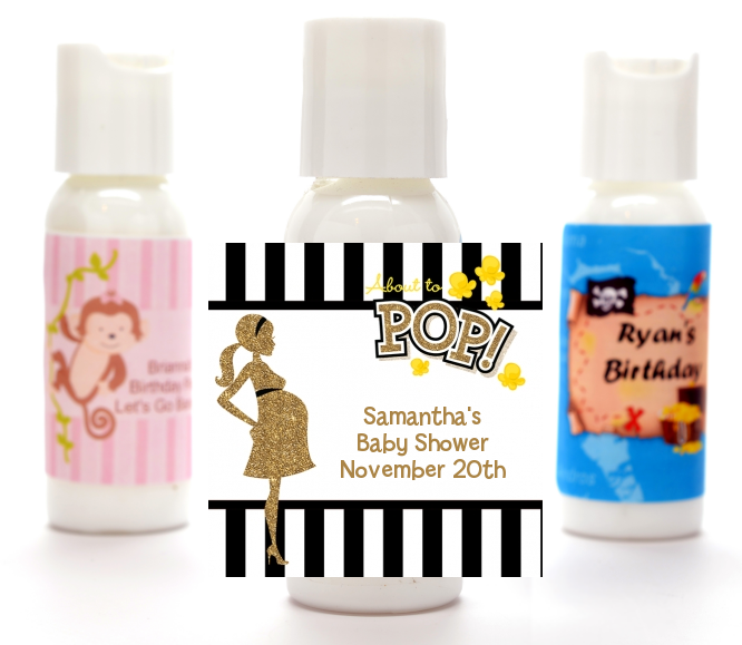  About To Pop Gold Glitter - Personalized Baby Shower Lotion Favors Option 1