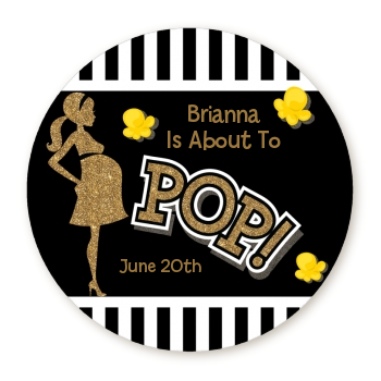  About To Pop Gold Glitter - Round Personalized Baby Shower Sticker Labels Option 1