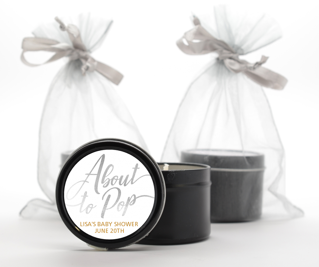  About To Pop Metallic - Baby Shower Black Candle Tin Favors Option 1
