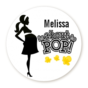  About to Pop Mommy Black - Round Personalized Baby Shower Sticker Labels 
