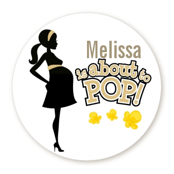  About To Pop Mommy Gold - Round Personalized Baby Shower Sticker Labels 