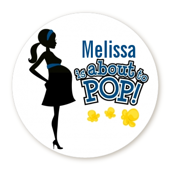  About To Pop Mommy Navy Blue - Round Personalized Baby Shower Sticker Labels 