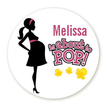  About to Pop Mommy Pink - Round Personalized Baby Shower Sticker Labels 