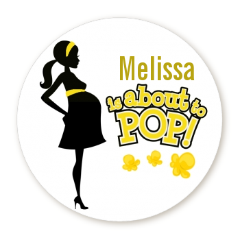  About to Pop Mommy Yellow - Round Personalized Baby Shower Sticker Labels 