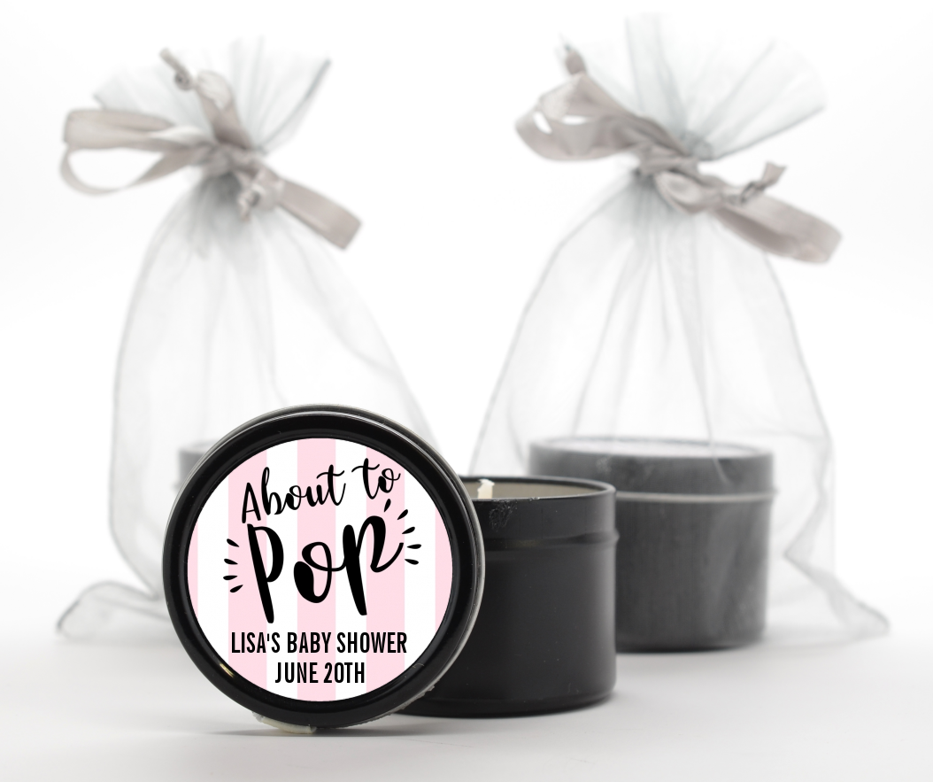  About To Pop Stripes - Baby Shower Black Candle Tin Favors Option 1