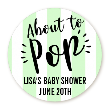  About To Pop Stripes - Round Personalized Baby Shower Sticker Labels Option 1