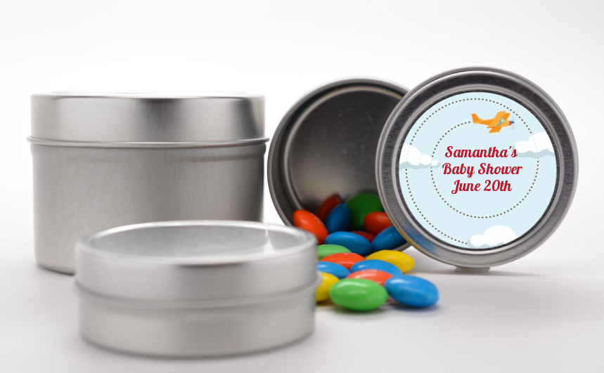  Airplane in the Clouds - Custom Baby Shower Favor Tins blue / orange