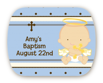 Angel Baby Boy Caucasian - Personalized Baptism / Christening Rounded Corner Stickers