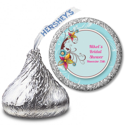 Aqua & Brown Floral - Hershey Kiss Birthday Party Sticker Labels