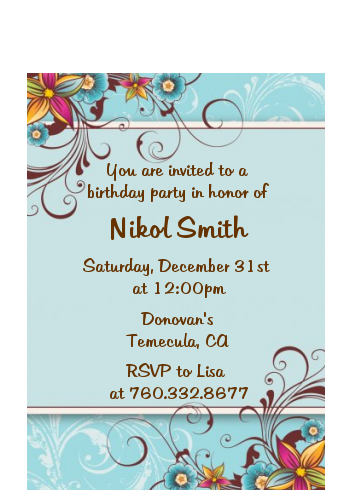 Aqua & Brown Floral - Birthday Party Petite Invitations