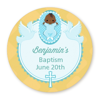  Baby Boy - Round Personalized Baptism / Christening Sticker Labels Option 1