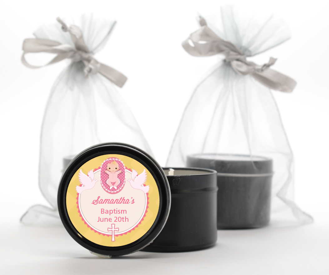  Baby Girl - Baptism / Christening Black Candle Tin Favors Option 1