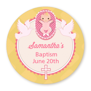  Baby Girl - Round Personalized Baptism / Christening Sticker Labels Option 1