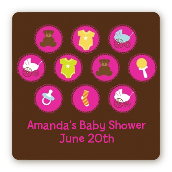 Baby Icons Pink - Square Personalized Baby Shower Sticker Labels