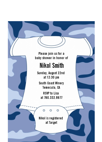  Baby Outfit Camouflage - Baby Shower Petite Invitations Blue