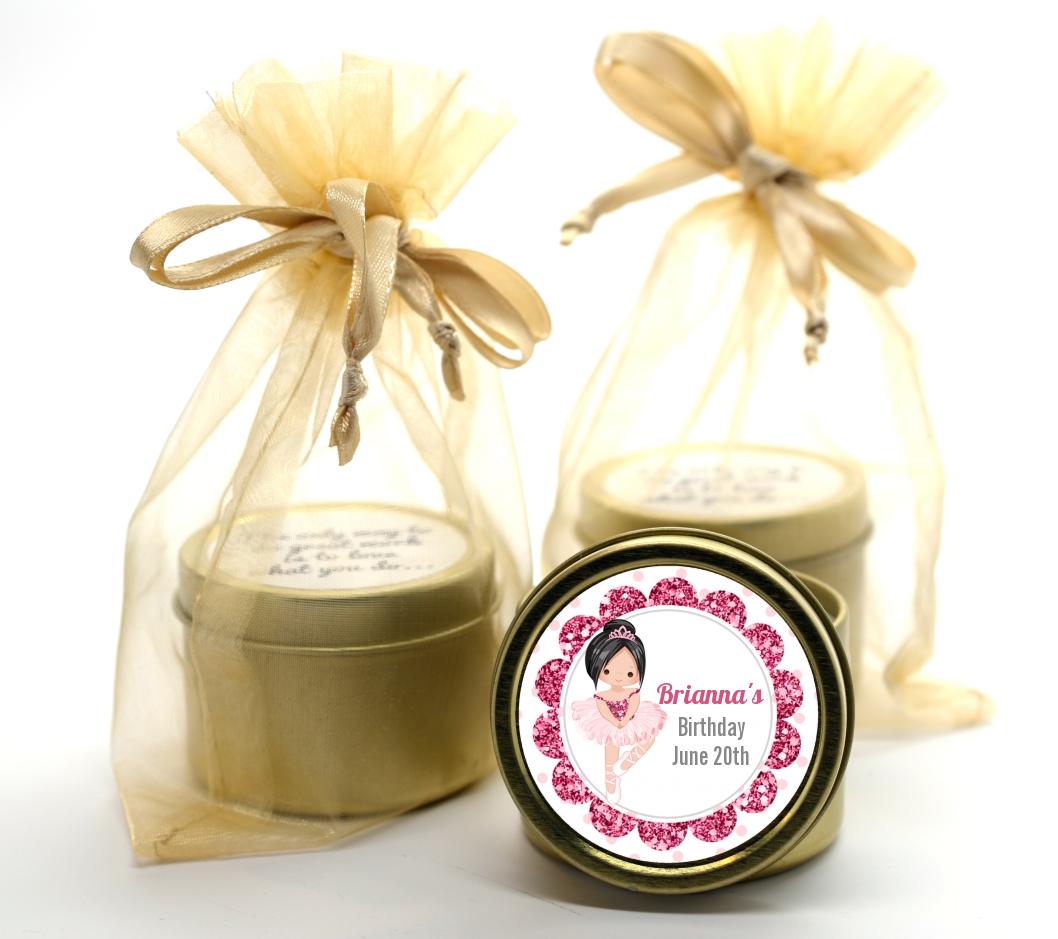  Ballerina - Birthday Party Gold Tin Candle Favors Black Hair