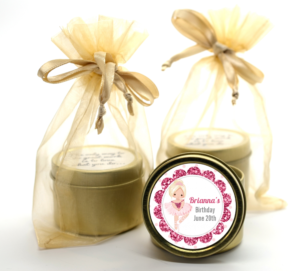  Ballerina - Birthday Party Gold Tin Candle Favors Black Hair