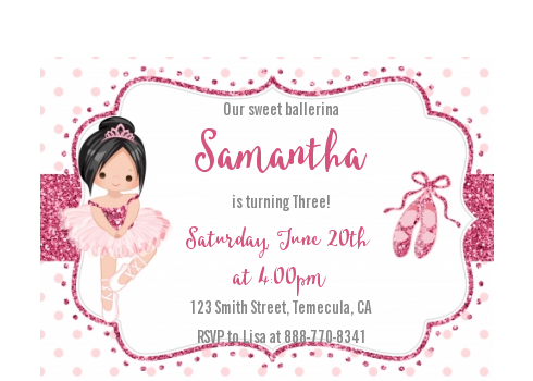  Ballerina - Birthday Party Petite Invitations Black Hair