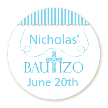  Bautizo Cross Blue - Round Personalized Baptism / Christening Sticker Labels 