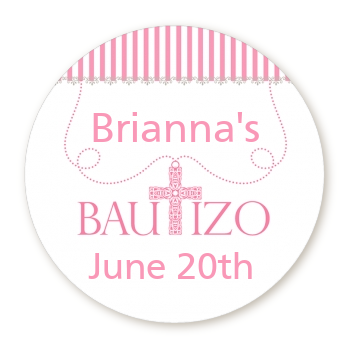  Bautizo Cross Pink - Round Personalized Baptism / Christening Sticker Labels Option 1