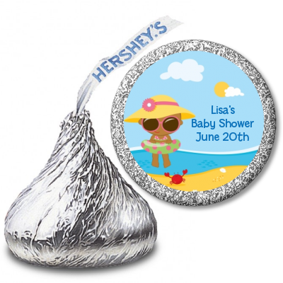 Beach Baby African American Girl - Hershey Kiss Baby Shower Sticker Labels