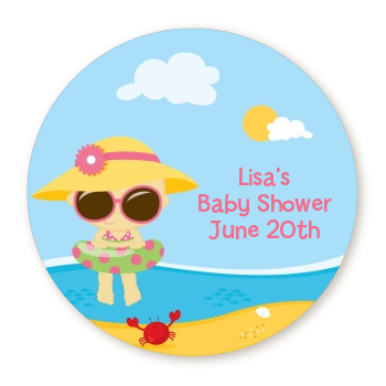  Beach Baby Girl - Round Personalized Baby Shower Sticker Labels 