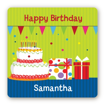 Birthday Cake - Square Personalized Birthday Party Sticker Labels