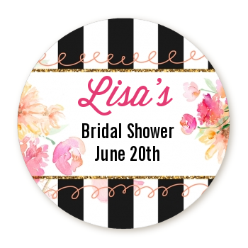  Black And White Stripe Floral Watercolor - Round Personalized Bridal Shower Sticker Labels 