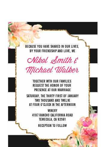 Black And White Stripe Floral Watercolor - Bridal Shower Petite Invitations