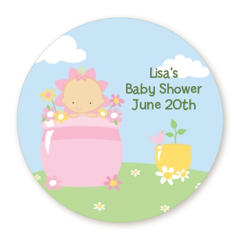  Blooming Baby Girl Caucasian - Round Personalized Baby Shower Sticker Labels 