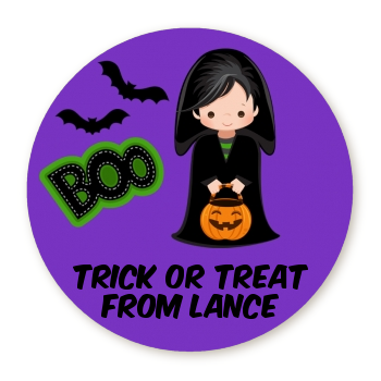  Boy Cape Costume - Round Personalized Halloween Sticker Labels Option 1