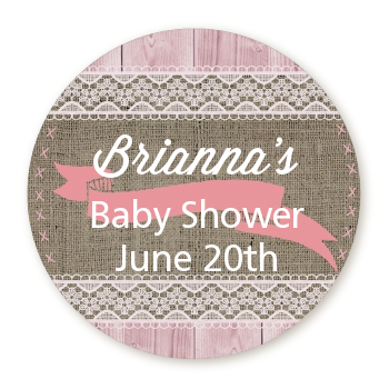  Burlap Chic - Round Personalized Baby Shower Sticker Labels 