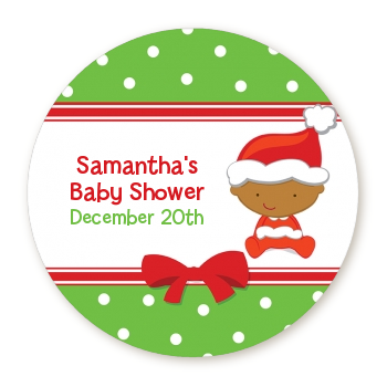  Christmas Baby African American - Round Personalized Baby Shower Sticker Labels 