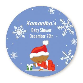  Christmas Baby Snowflakes African American - Round Personalized Baby Shower Sticker Labels A