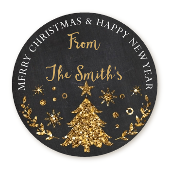  Christmas Tree Gold Glitter - Round Personalized Christmas Sticker Labels Option 1