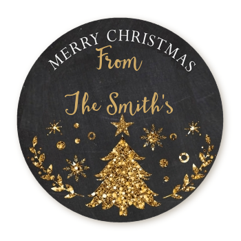  Christmas Tree Gold Glitter - Round Personalized Christmas Sticker Labels Option 1