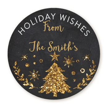  Christmas Tree Gold Glitter - Round Personalized Christmas Sticker Labels Option 1