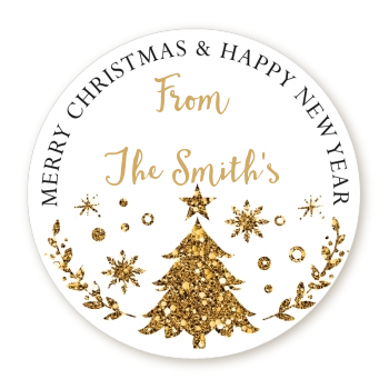  Christmas Tree Gold Glitter - Round Personalized Christmas Sticker Labels Option 1