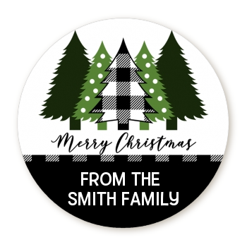  Christmas Tree Plaid - Round Personalized Christmas Sticker Labels Black