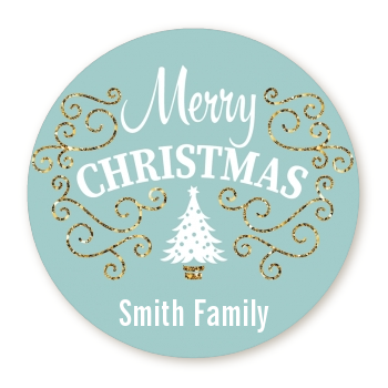  Christmas Tree with Glitter Scrolls - Round Personalized Christmas Sticker Labels Gold