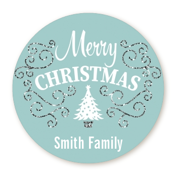 Christmas Tree with Glitter Scrolls - Round Personalized Christmas Sticker Labels Gold
