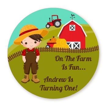  Country Boy On The Farm - Round Personalized Birthday Party Sticker Labels Option 1 - Brown Hair
