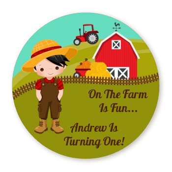  Country Boy On The Farm - Round Personalized Birthday Party Sticker Labels Option 1 - Brown Hair